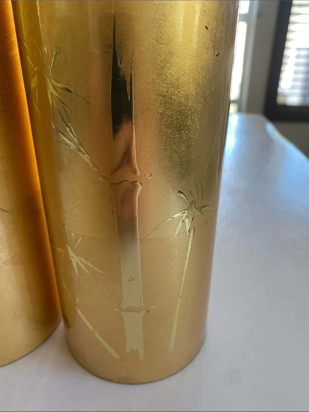 OMC Gold Bamboo Decorative Cylindrical 9”x3.25” Vase Pair - Home Accents